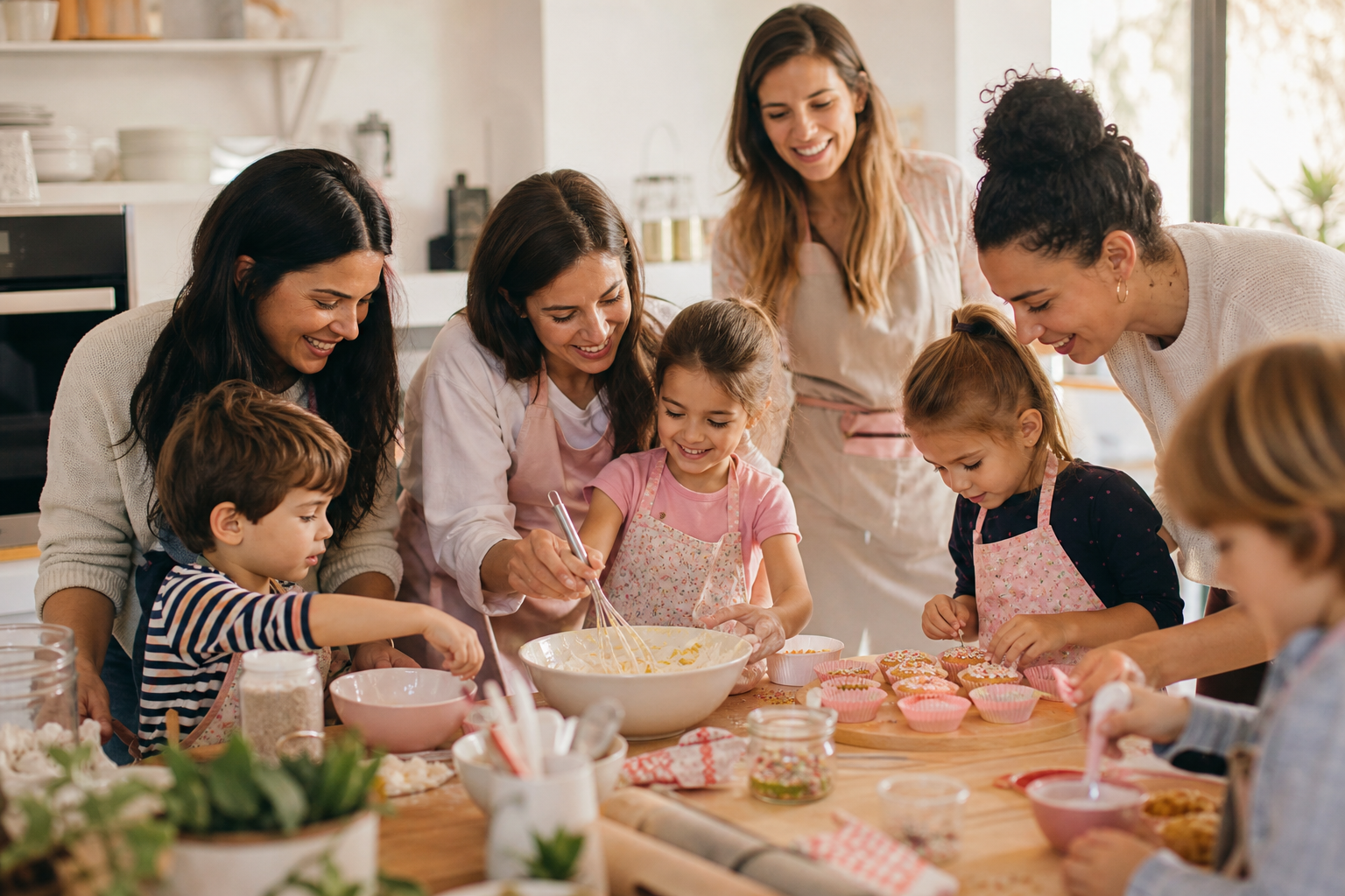 Mamans et enfants pendant un atelier cuisine